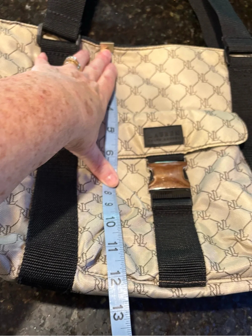 VTG Lauren Ralph Lauren Signature Monogram Tote Bag Gray Black Nylon Y2K Travel